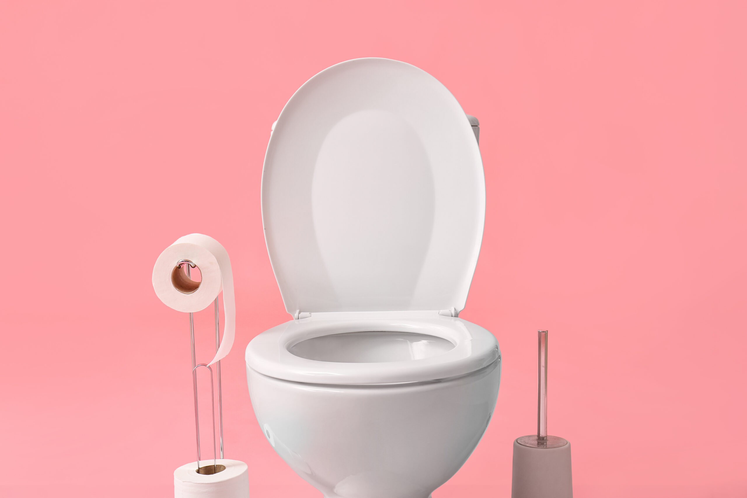 Holder with rolls of paper, toilet bowl and brush on color background, closeup